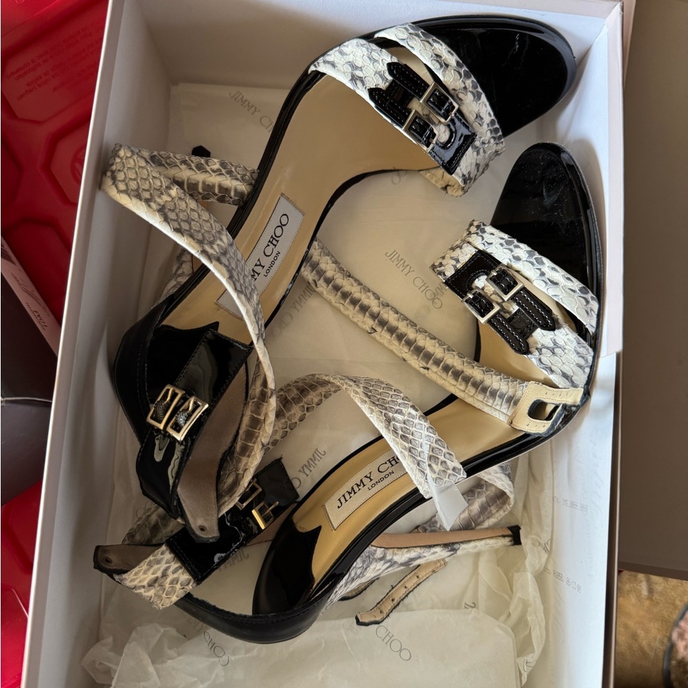 Jimmy Choo Black and Cream Snakeskin Heels